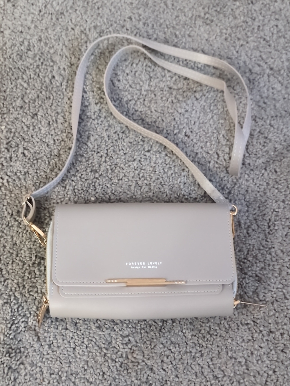 Light Gray Crossbody Bag with Gold Accents